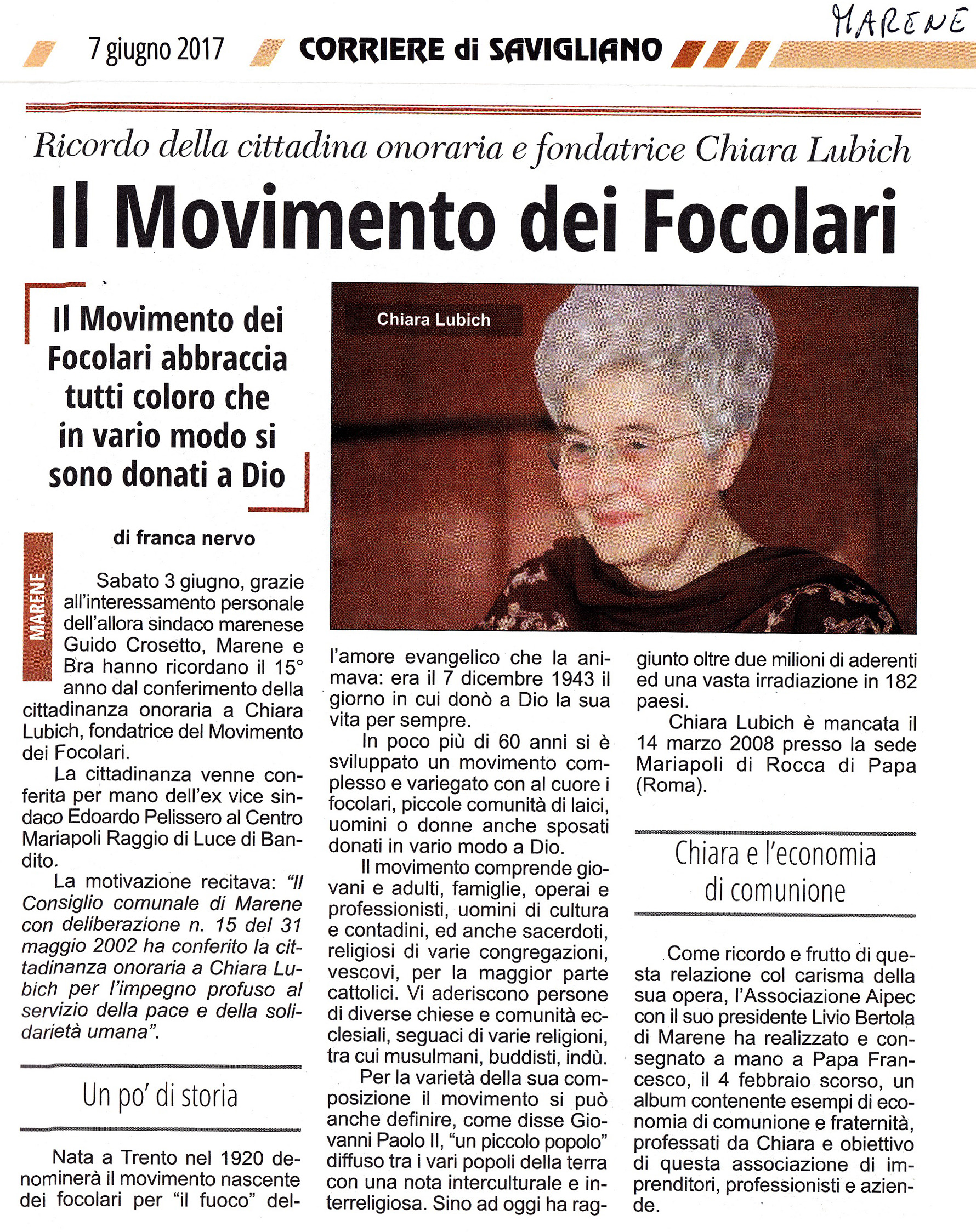 20170607_art Corriere Savigliano_anniversario cittad onoraria Marene Chiara_rid