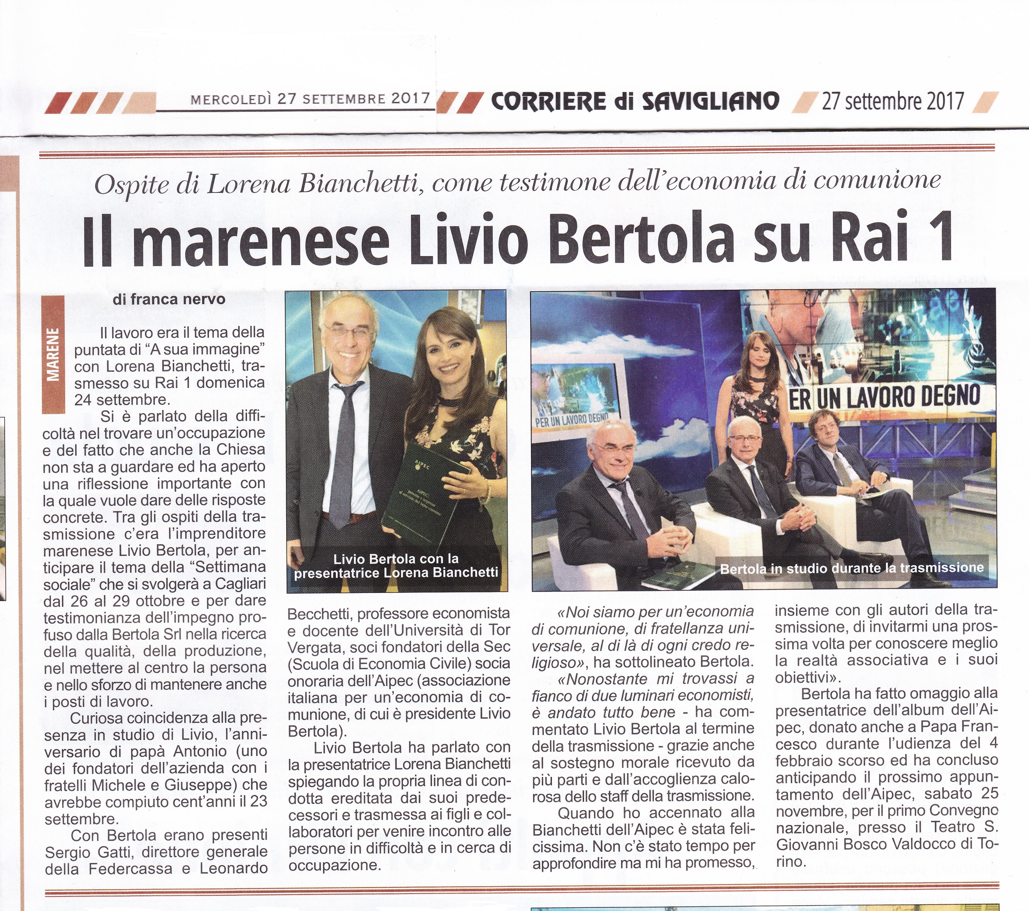20170927_Corriere di Savigliano_art Bertola a RAI 1_rid